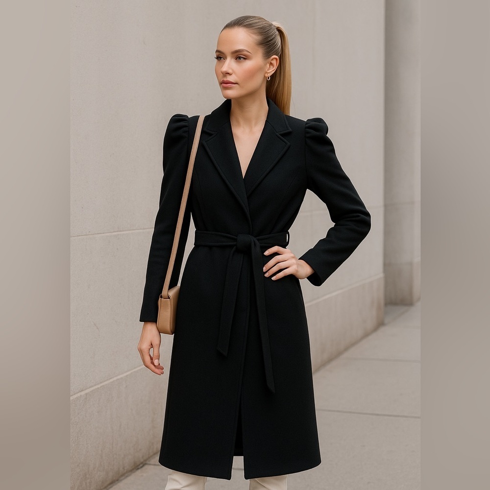 Venti 6 Black Belted Puff-Shoulder Coat – Size S (NWT)